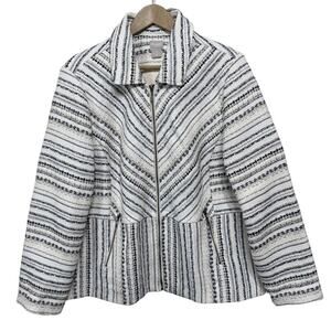 Chico’s Zip Front Tweed Jacket Blazer Size 3 US XL Ivory Multi Stripe Lined